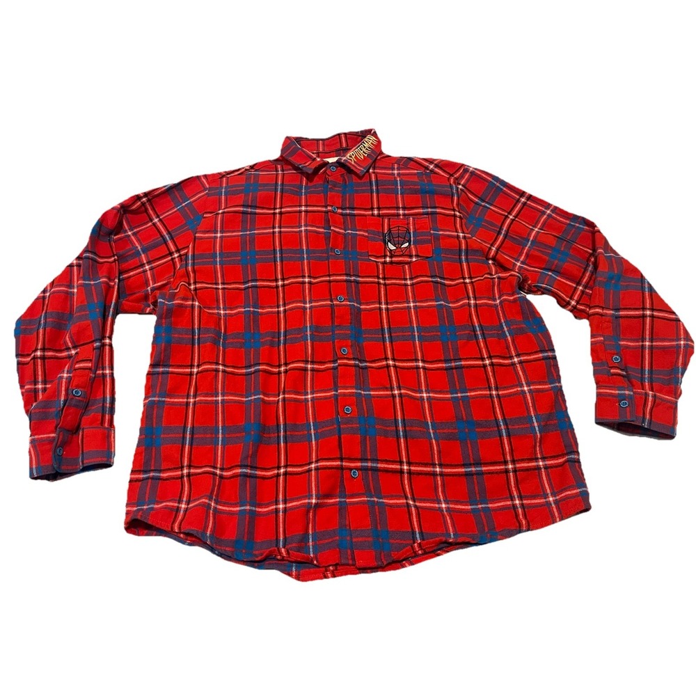 CAKEWORTHY Flannel Shirt Spiderman Men XXL Red Plaid MARVEL Embroidered